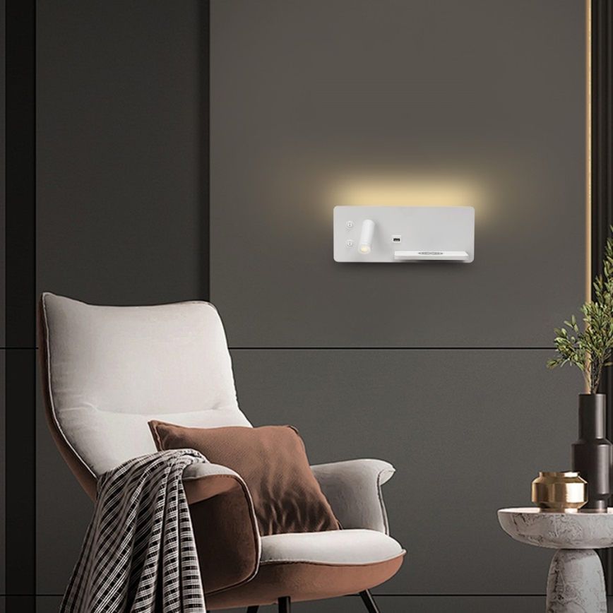 Immax 08285L - LED Sienas strametis ar plauktu, USB portu un bezvadu uzlādi Be PREPARE LED/3W/230V + LED/3W balta
