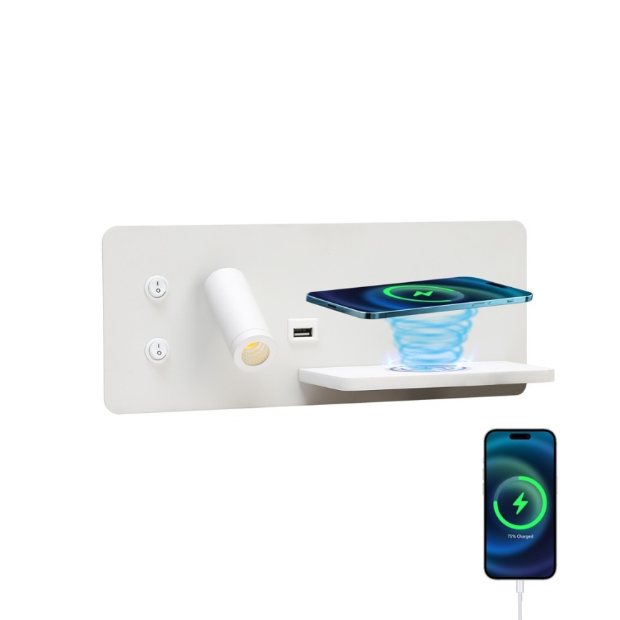 Immax 08285L - LED Sienas strametis ar plauktu, USB portu un bezvadu uzlādi Be PREPARE LED/3W/230V + LED/3W balta