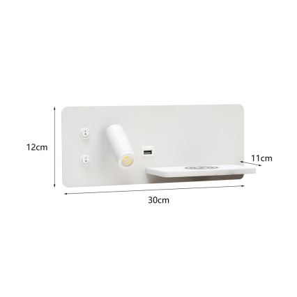 Immax 08285L - LED Sienas strametis ar plauktu, USB portu un bezvadu uzlādi Be PREPARE LED/3W/230V + LED/3W balta