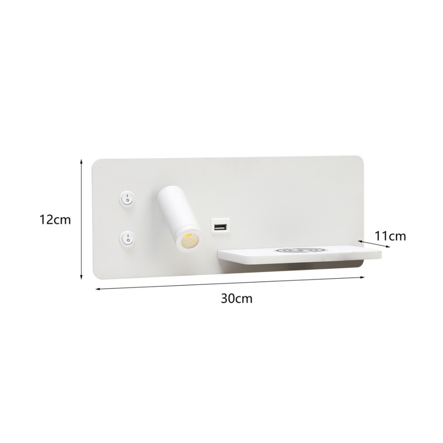 Immax 08285L - LED Sienas strametis ar plauktu, USB portu un bezvadu uzlādi Be PREPARE LED/3W/230V + LED/3W balta