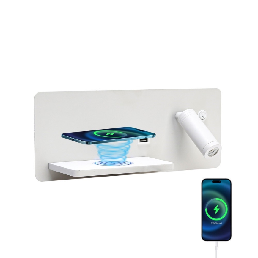 Immax 08286L - LED Sienas strametis ar plauktu, USB portu un bezvadu uzlādi Be PREPARE LED/3W/230V + LED/3W balta
