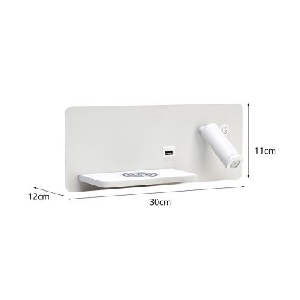 Immax 08286L - LED Sienas strametis ar plauktu, USB portu un bezvadu uzlādi Be PREPARE LED/3W/230V + LED/3W balta