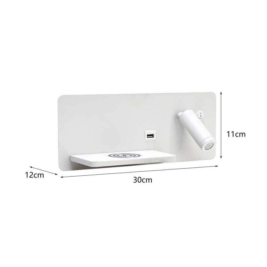 Immax 08286L - LED Sienas strametis ar plauktu, USB portu un bezvadu uzlādi Be PREPARE LED/3W/230V + LED/3W balta