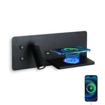 Immax 08287L - LED Sienas strametis ar plauktu, USB portu un bezvadu uzlādi Be PREPARE LED/3W/230V + LED/3W melna