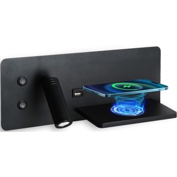 Immax 08287L - LED Sienas strametis ar plauktu, USB portu un bezvadu uzlādi Be PREPARE LED/3W/230V + LED/3W melna