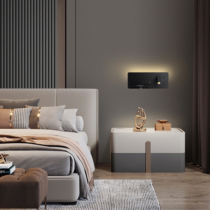 Immax 08288L - LED Sienas strametis ar plauktu, USB portu un bezvadu uzlādi Be PREPARE LED/3W/230V + LED/3W melna