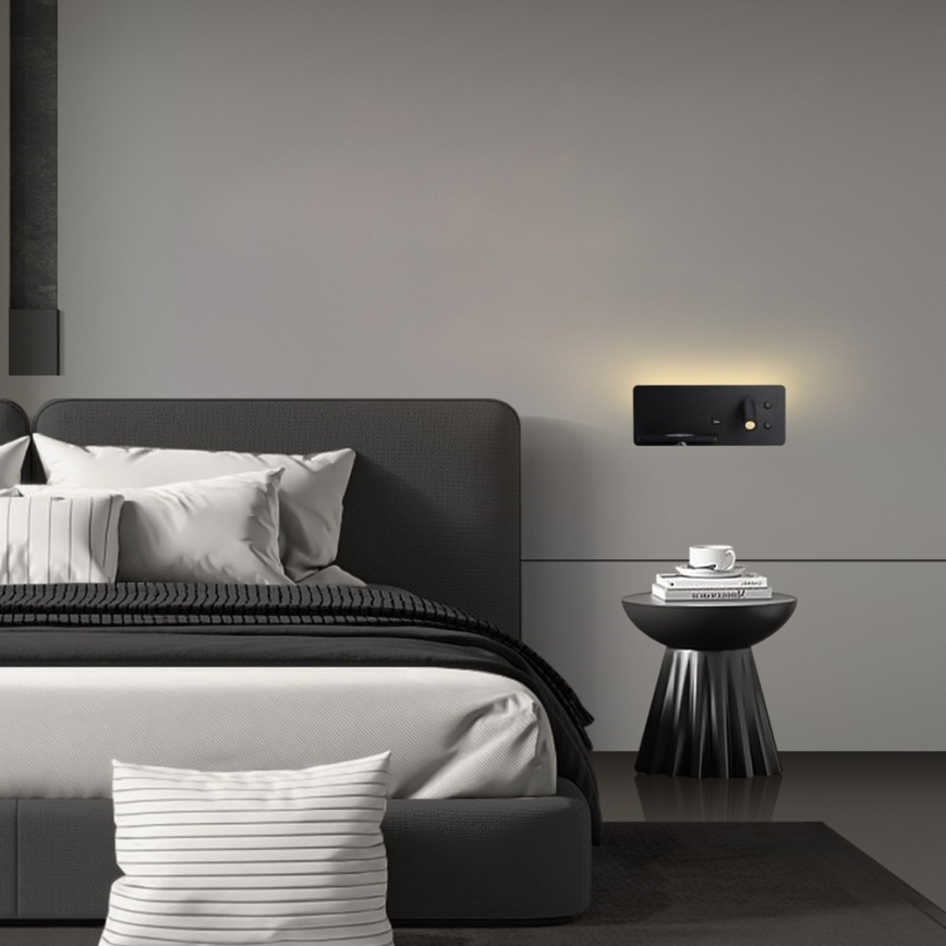 Immax 08288L - LED Sienas strametis ar plauktu, USB portu un bezvadu uzlādi Be PREPARE LED/3W/230V + LED/3W melna