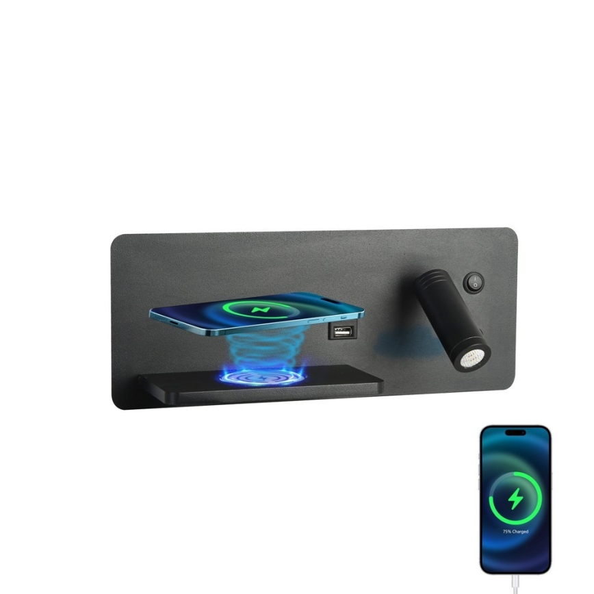 Immax 08288L - LED Sienas strametis ar plauktu, USB portu un bezvadu uzlādi Be PREPARE LED/3W/230V + LED/3W melna