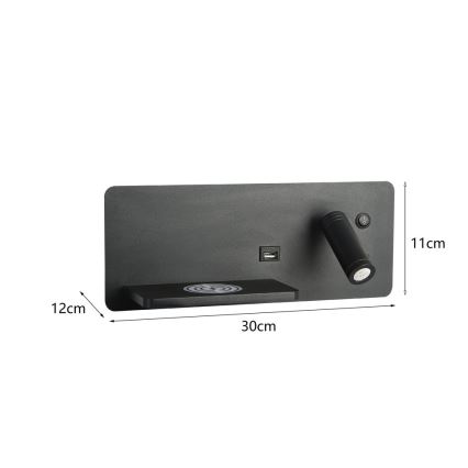 Immax 08288L - LED Sienas strametis ar plauktu, USB portu un bezvadu uzlādi Be PREPARE LED/3W/230V + LED/3W melna