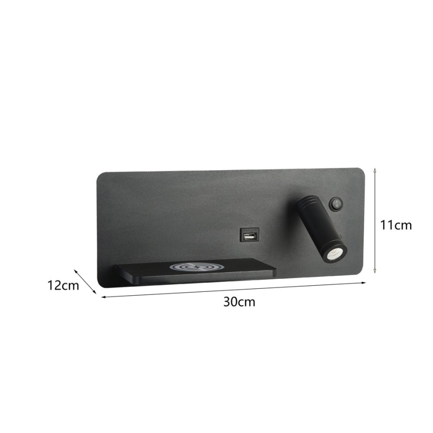 Immax 08288L - LED Sienas strametis ar plauktu, USB portu un bezvadu uzlādi Be PREPARE LED/3W/230V + LED/3W melna