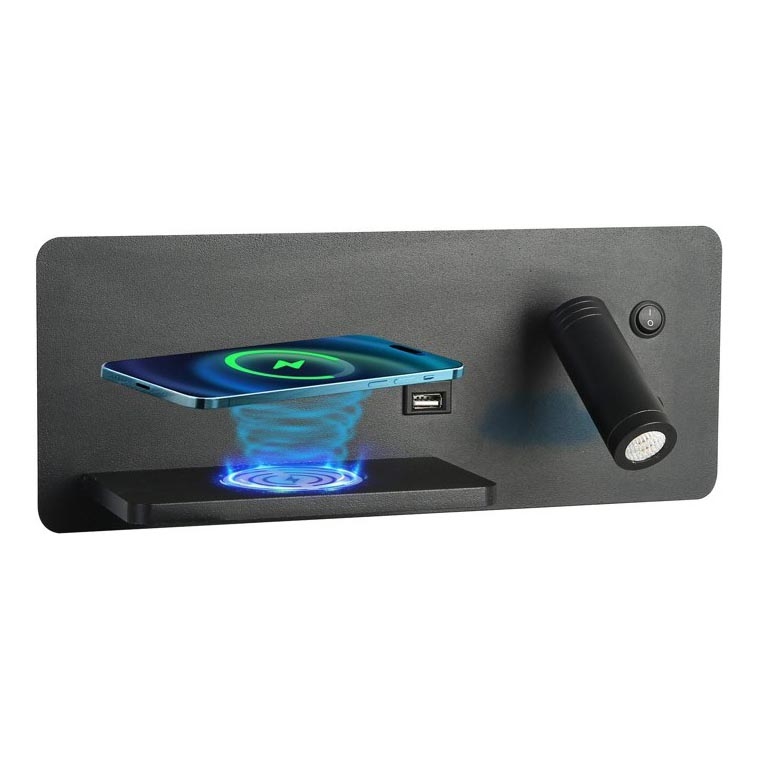 Immax 08288L - LED Sienas strametis ar plauktu, USB portu un bezvadu uzlādi Be PREPARE LED/3W/230V + LED/3W melna