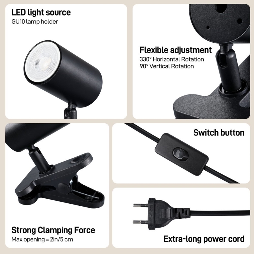 Lampa ar skavu PUNTO 1xGU10/9W/230V, melna
