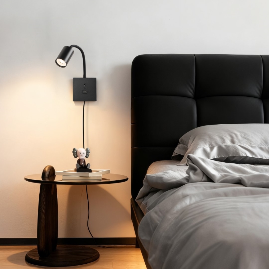Sienas lampa ar USB PUNTO 1xGU10/9W/230V melna
