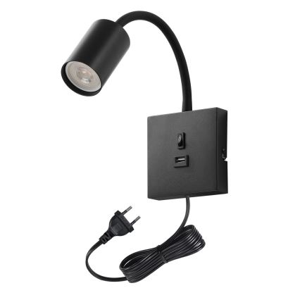 Sienas lampa ar USB PUNTO 1xGU10/9W/230V melna