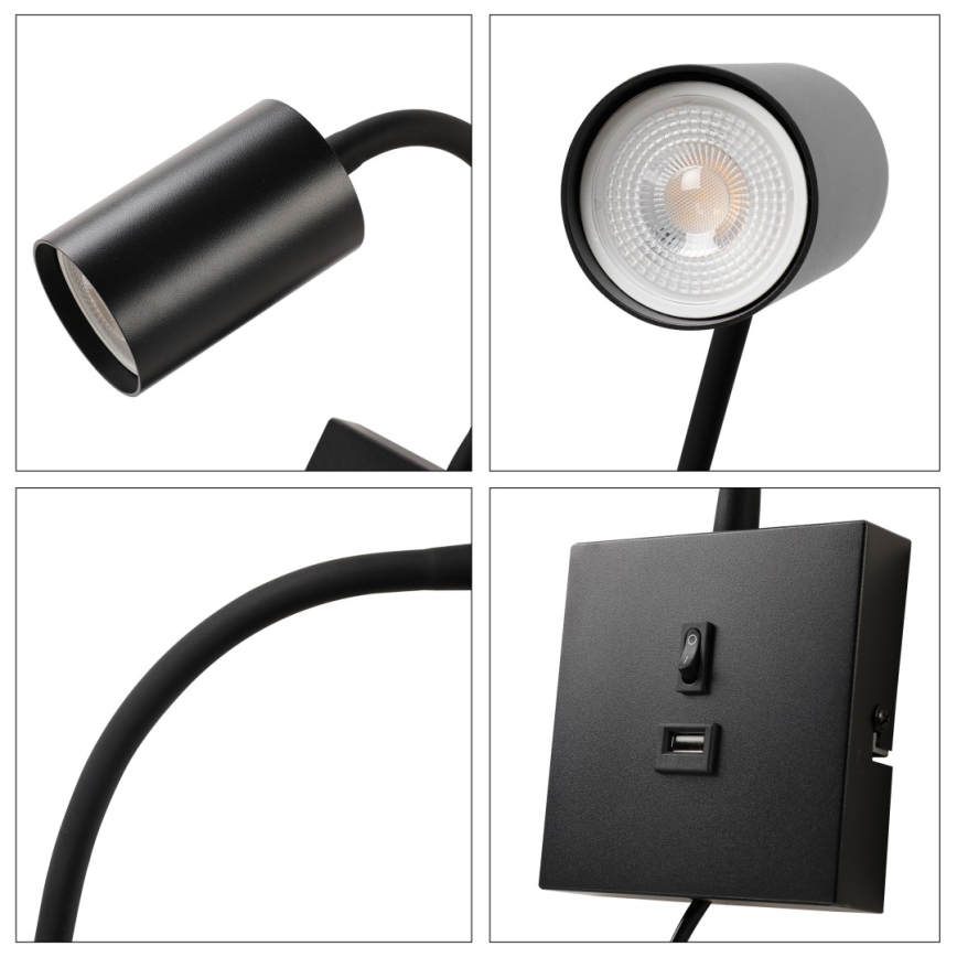 Sienas lampa ar USB PUNTO 1xGU10/9W/230V melna