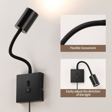 Sienas lampa ar USB PUNTO 1xGU10/9W/230V melna