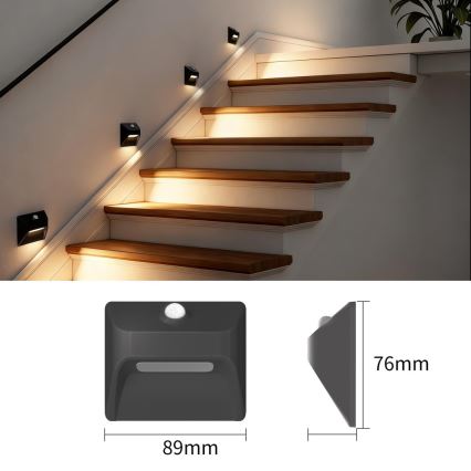 LED uzlādējamais kāpņu gaismeklis ar kustības un krēslas sensoru STEP LIGHT LED/0,3W/3,7V 2200 mAh IP53 melns