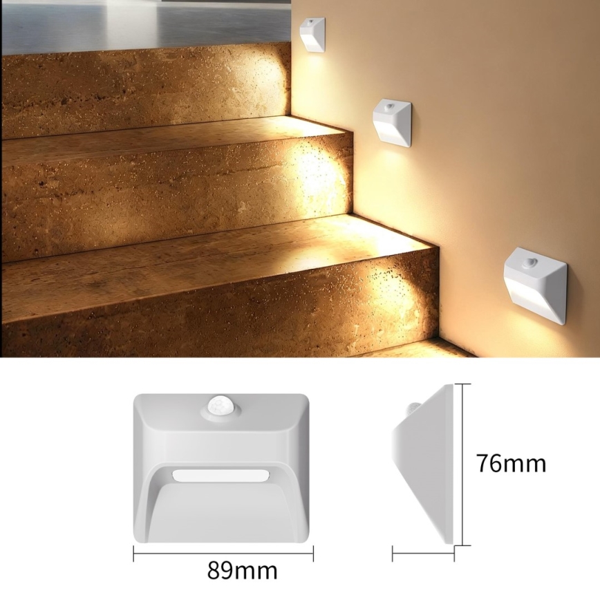 LED uzlādējamais kāpņu gaismeklis ar kustības un krēslas sensoru STEP LIGHT LED/0,3W/3,7V 2200 mAh IP53 balta