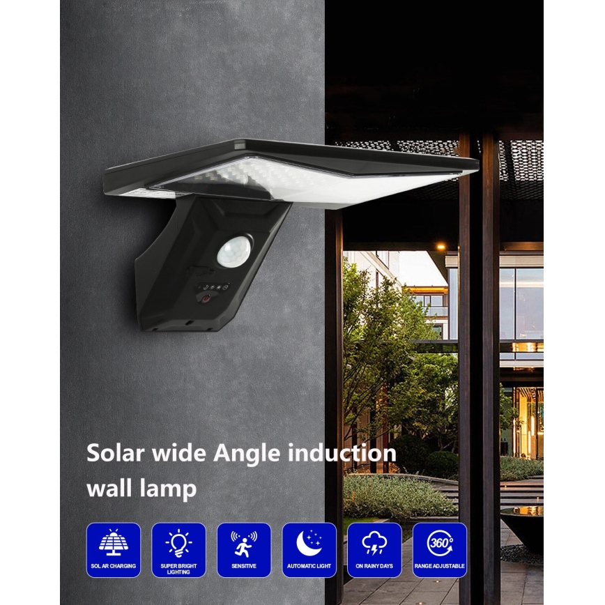 LED Saules enerģijas sienas lampa ar sensoru LED/2,6W/5,5V IP65 1800 mAh melna