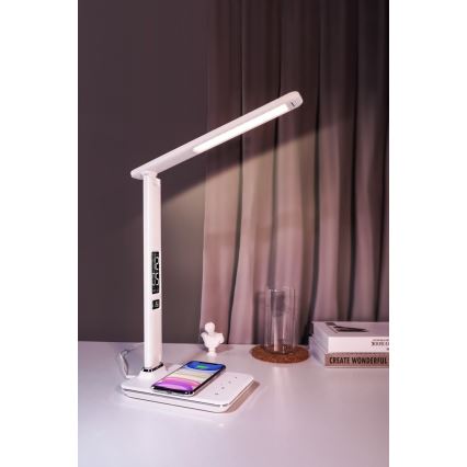 LED Aptumšojama galda lampa ar bezvadu lādētāju QI and USB KINGFISHER LED/8,5W/230V, balta