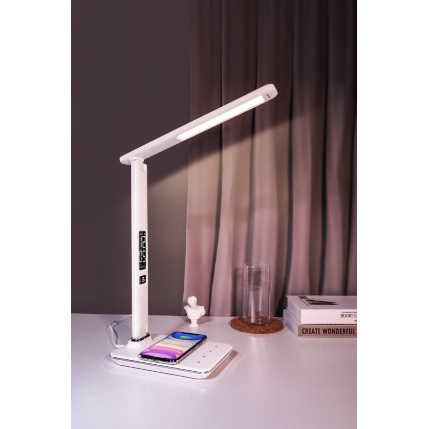 LED Aptumšojama galda lampa ar bezvadu lādētāju QI and USB KINGFISHER LED/8,5W/230V, balta