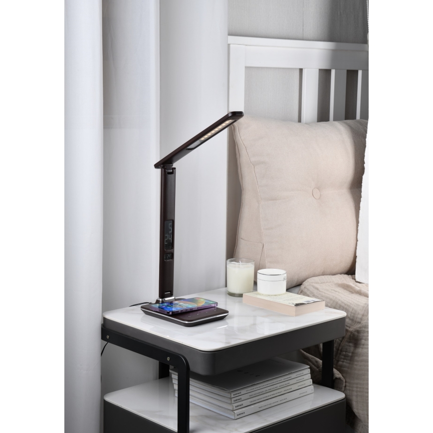 LED Aptumšojama galda lampa ar bezvadu uzlādi QI and USB KINGFISHER LED/8,5W/230V brūna