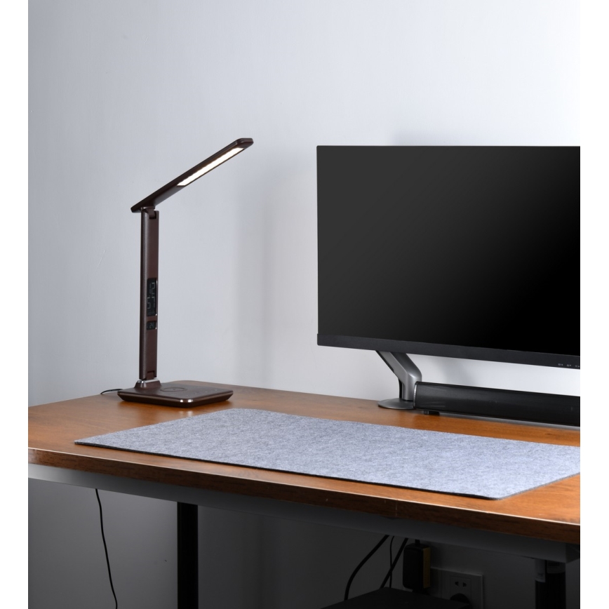 LED Aptumšojama galda lampa ar bezvadu uzlādi QI and USB KINGFISHER LED/8,5W/230V brūna