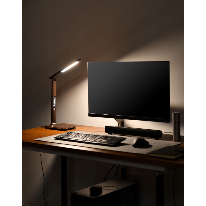 LED Aptumšojama galda lampa ar bezvadu uzlādi QI and USB KINGFISHER LED/8,5W/230V brūna