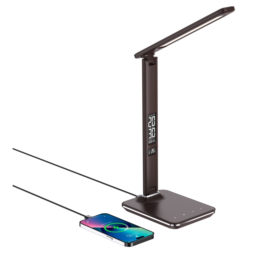 LED Aptumšojama galda lampa ar bezvadu uzlādi QI and USB KINGFISHER LED/8,5W/230V brūna