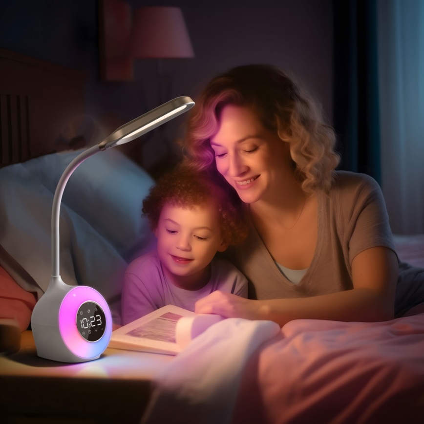 LED RGBW Aptumšojama galda lampa ar modinātāja pulkstenis FALCON LED/10W/12V
