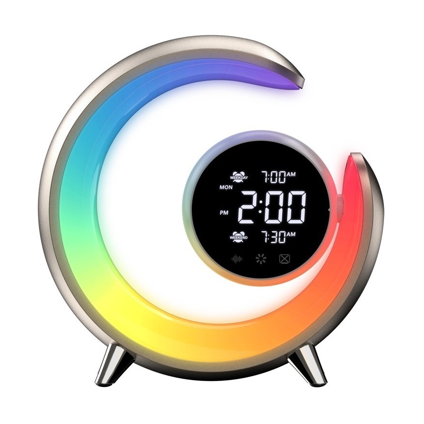 LED RGBW Aptumšojama galda lampa ar modinātāja pulksteni PEACOCK LED/20W/5V USB