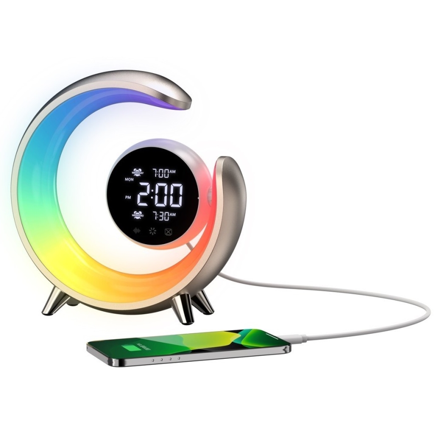 LED RGBW Aptumšojama galda lampa ar modinātāja pulksteni PEACOCK LED/20W/5V USB