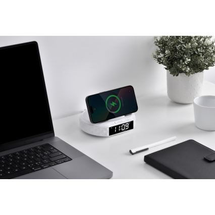 Modinātāja pulkstenis ar LCD ekrānu un bezvadu Qi lādētājs 27W/9V 220 mAh balta