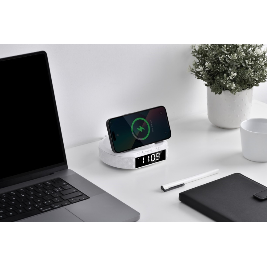 Modinātāja pulkstenis ar LCD ekrānu un bezvadu Qi lādētājs 27W/9V 220 mAh balta