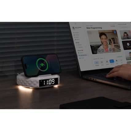 Modinātāja pulkstenis ar LCD ekrānu un bezvadu Qi lādētājs 27W/9V 220 mAh balta