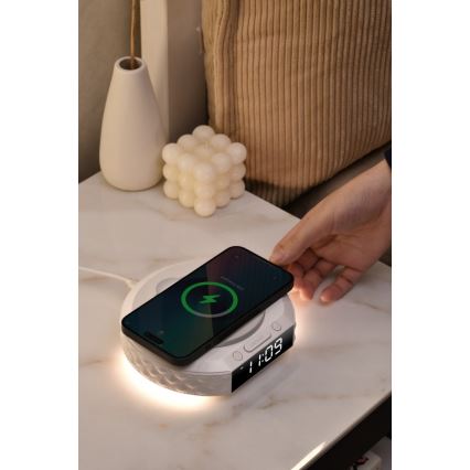 Modinātāja pulkstenis ar LCD ekrānu un bezvadu Qi lādētājs 27W/9V 220 mAh balta