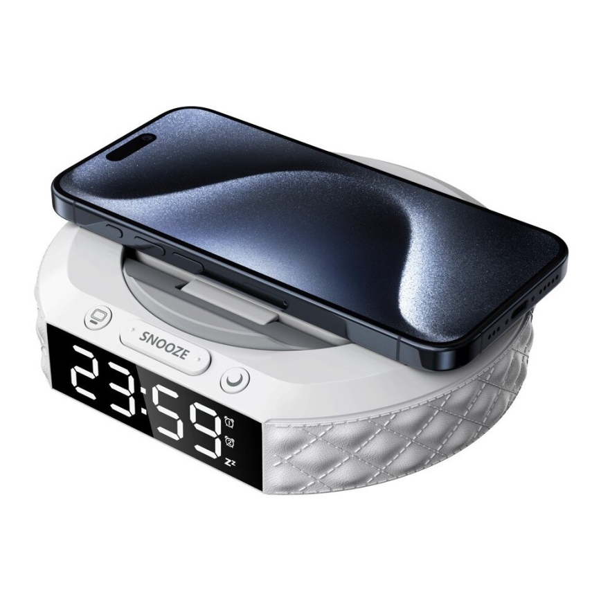 Modinātāja pulkstenis ar LCD ekrānu un bezvadu Qi lādētājs 27W/9V 220 mAh balta