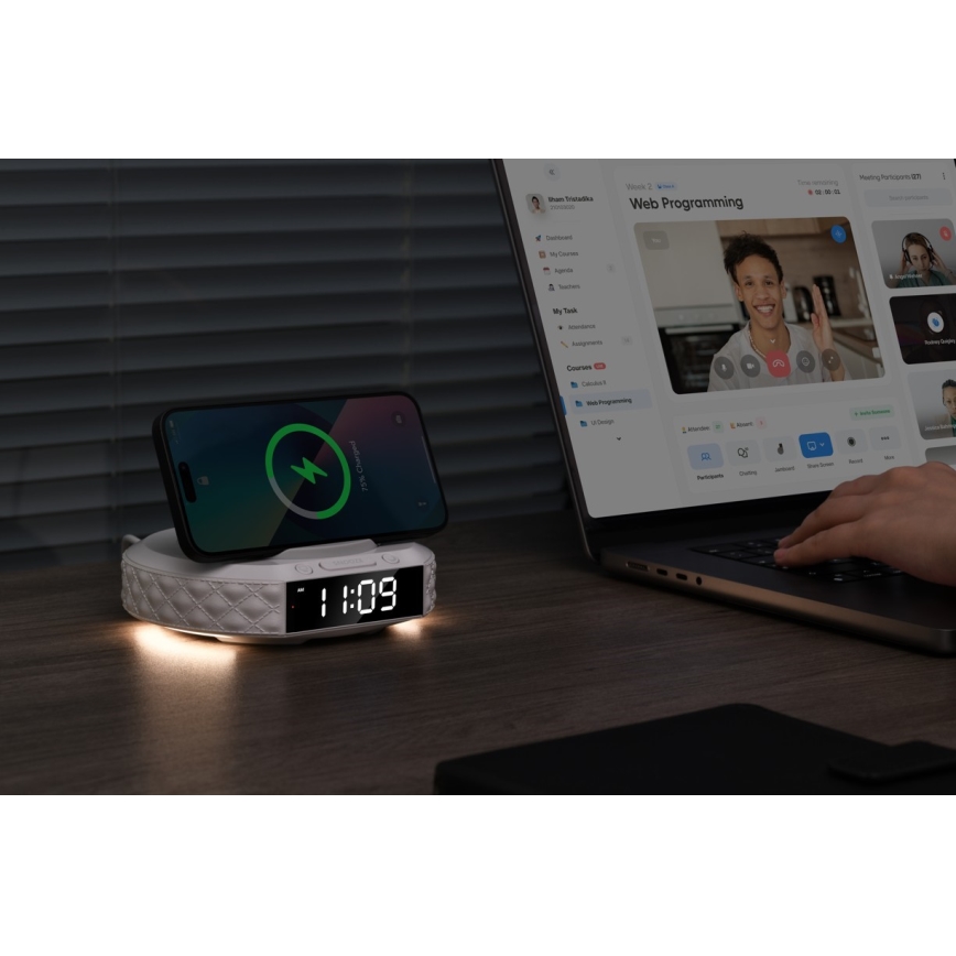 Modinātājs ar LCD displeju un bezvadu Qi lādētāju 27W/9V 220 mAh balts