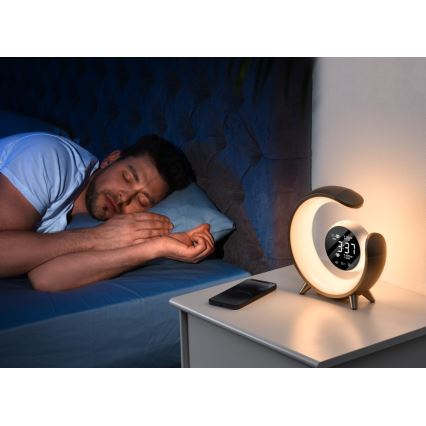 LED RGBW Aptumšojama galda lampa ar modinātāja pulksteni LED/20W/5V USB sudraba