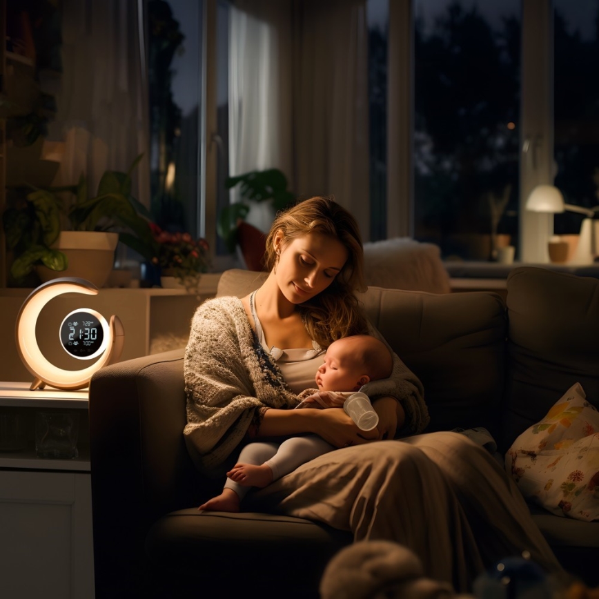 LED RGBW Aptumšojama galda lampa ar modinātāja pulksteni LED/20W/5V USB sudraba