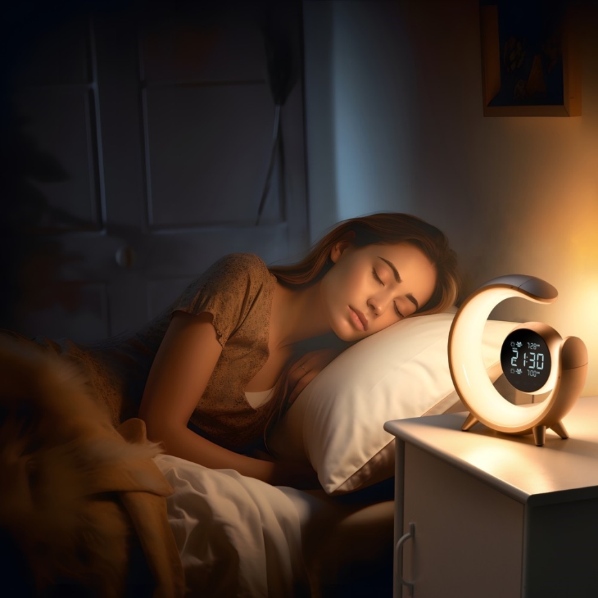 LED RGBW Aptumšojama galda lampa ar modinātāja pulksteni LED/20W/5V USB sudraba