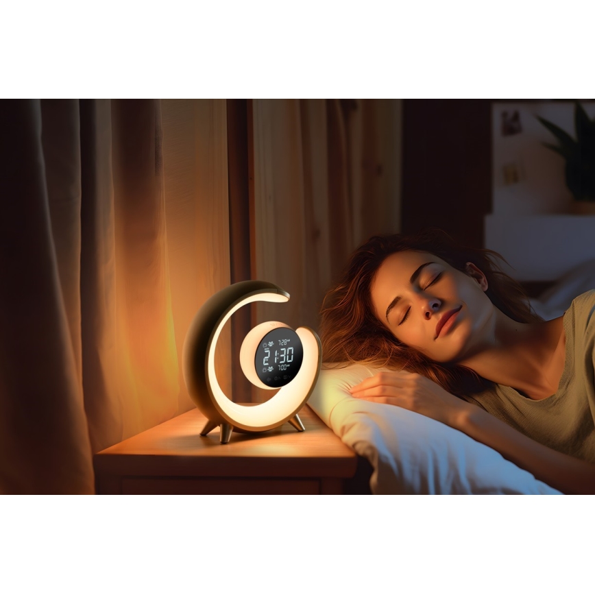 LED RGBW Aptumšojama galda lampa ar modinātāja pulksteni LED/20W/5V USB sudraba