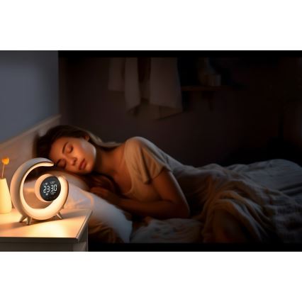 LED RGBW Aptumšojama galda lampa ar modinātāja pulksteni LED/20W/5V USB sudraba