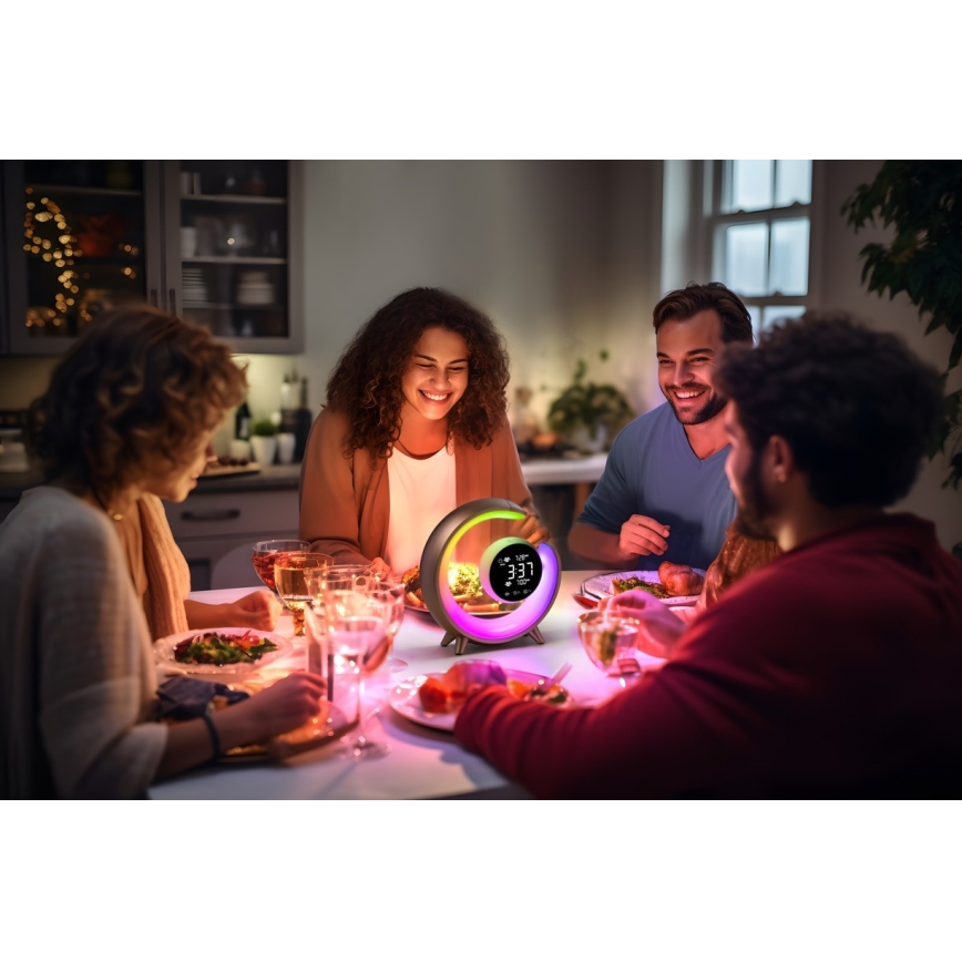 LED RGBW Aptumšojama galda lampa ar modinātāja pulksteni LED/20W/5V USB sudraba