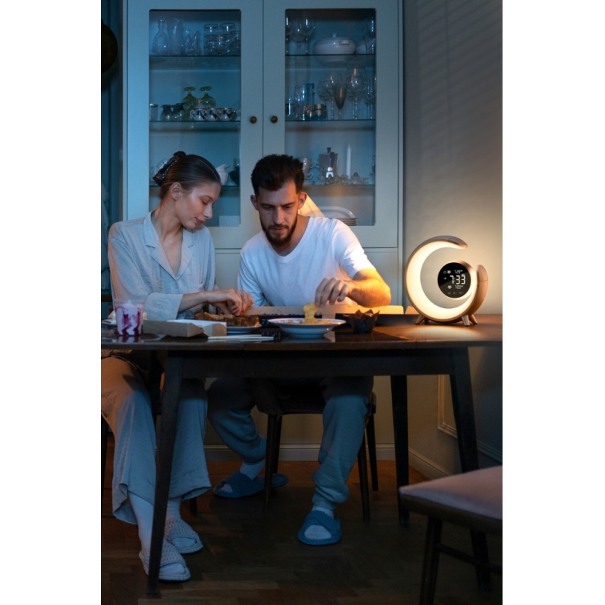 LED RGBW Aptumšojama galda lampa ar modinātāja pulksteni LED/20W/5V USB sudraba