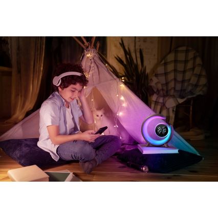 LED RGBW Aptumšojama galda lampa ar modinātāja pulksteni LED/20W/5V USB sudraba