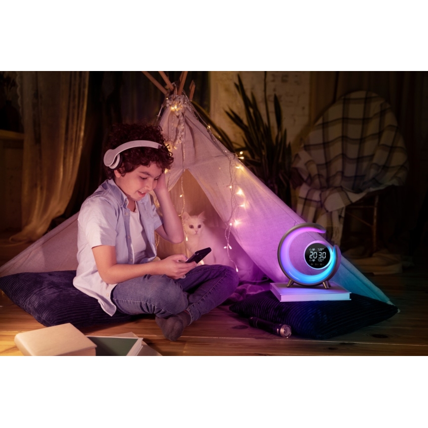 LED RGBW Aptumšojama galda lampa ar modinātāja pulksteni LED/20W/5V USB sudraba