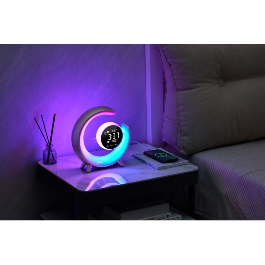 LED RGBW Aptumšojama galda lampa ar modinātāja pulksteni LED/20W/5V USB sudraba