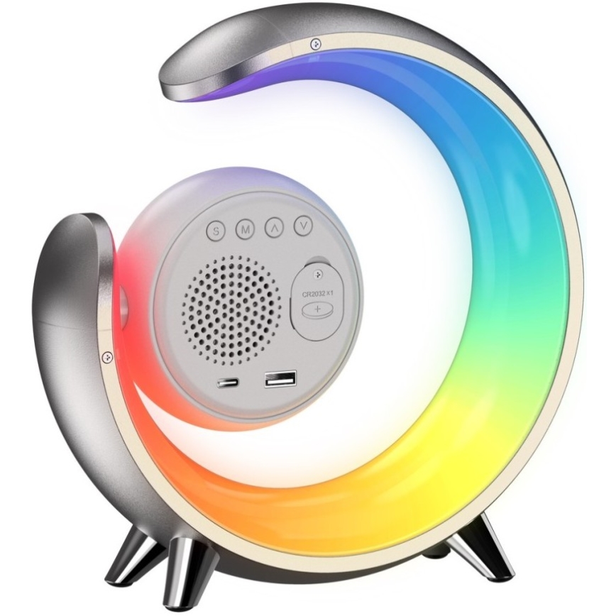 LED RGBW Aptumšojama galda lampa ar modinātāja pulksteni LED/20W/5V USB sudraba