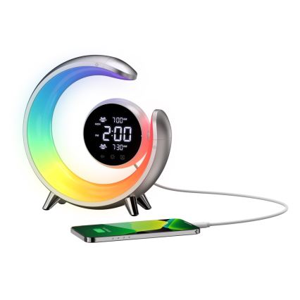 LED RGBW Aptumšojama galda lampa ar modinātāja pulksteni LED/20W/5V USB sudraba
